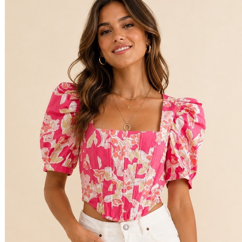 Blueb Collection Pink Floral Corset Top Puff Sleeve Smocked Back Large‎ 22629T